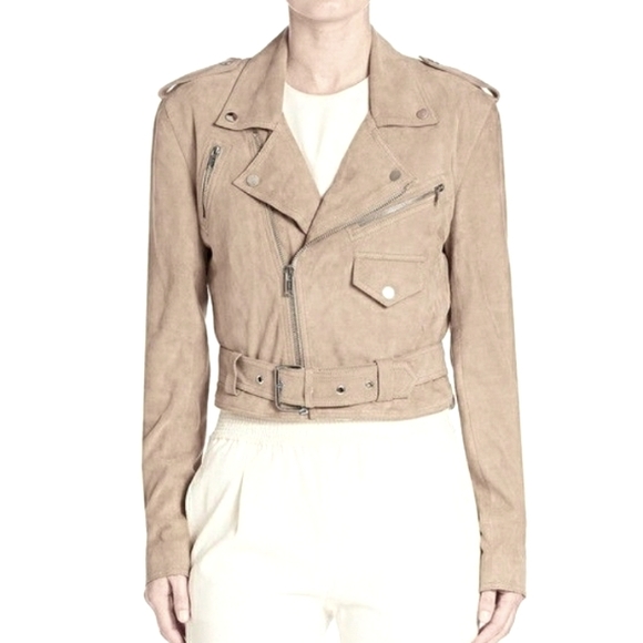 Polo Ralph Lauren Jackets & Blazers - POLO RALPH LAUREN Womens Beige Suede Asymmetric Belted Biker Moto Jacket Sz 10